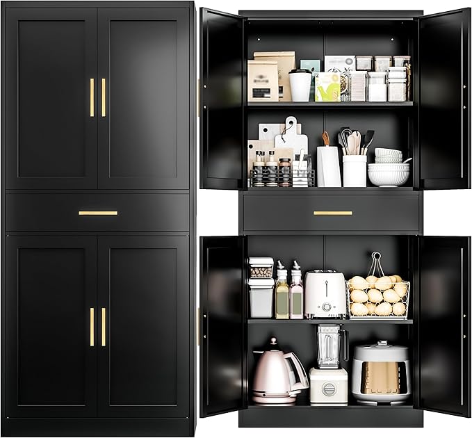 Kitchen Pantry Cabinet,71??Metal Tall Pantry Storage Cabinet with Doors 2 Adjustable Shelves and a Drawer,Kitchen Storage Cabinets Black Freestanding Food Cabinet for Pantries, Kitchen, Dining Room