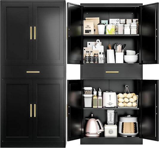 Kitchen Pantry Cabinet,71??Metal Tall Pantry Storage Cabinet with Doors 2 Adjustable Shelves and a Drawer,Kitchen Storage Cabinets Black Freestanding Food Cabinet for Pantries, Kitchen, Dining Room