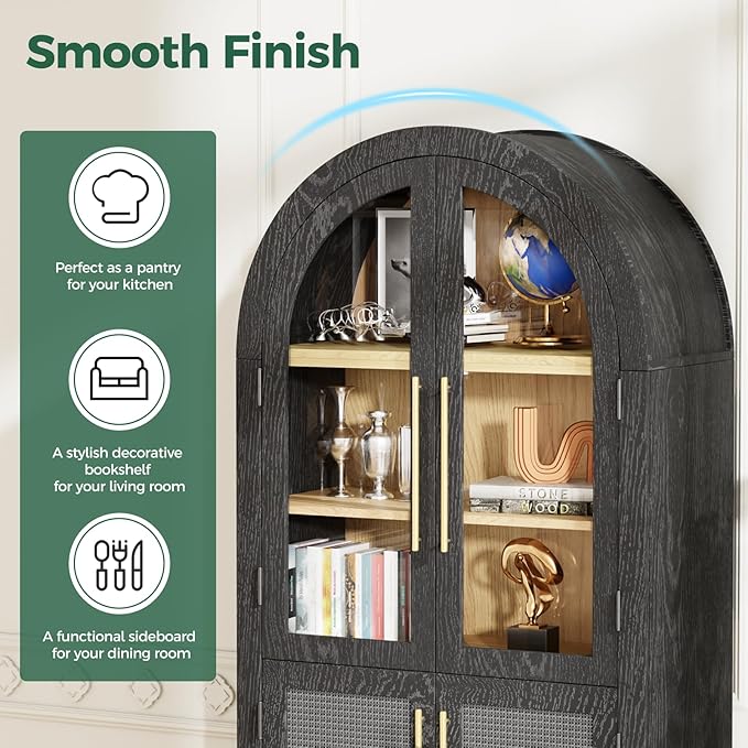 63??Arched Kitchen Pantry Cabinet ??5-Tier Modern Farmhouse Storage Cabinet w/Glass & Fluted Doors, Adjustable Shelves for Kitchen, Living Room, Entry, Office, Engineered Wood, Black