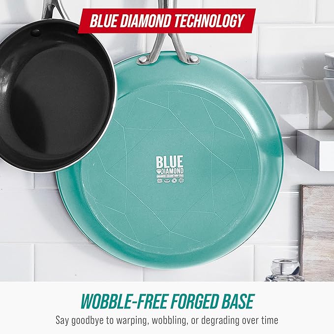 Blue Diamond Frying Pan 8??Skillet, Diamond Infused Healthy Ceramic Nonstick, PFAS and PFOA-Free, Dishwasher and Oven Safe, Even Heating, Metal Utensil Safe, Warp Control Base, Turquoise
