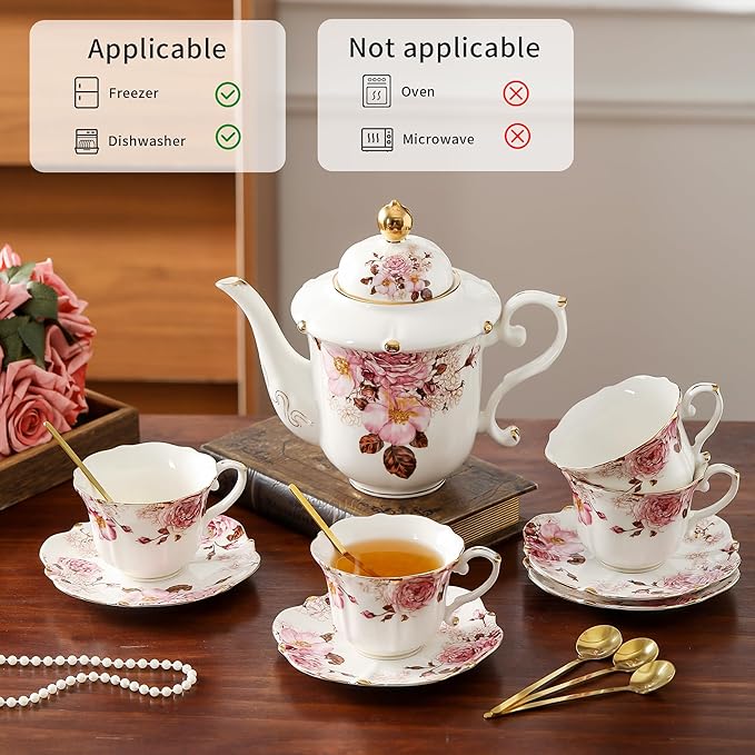TATSUMI Country Roses Bone China Tea Cup and Saucer Set, 3 Pieces, Vintage Style, For Women and Tea Parties (Chocolate Red, 1 set)