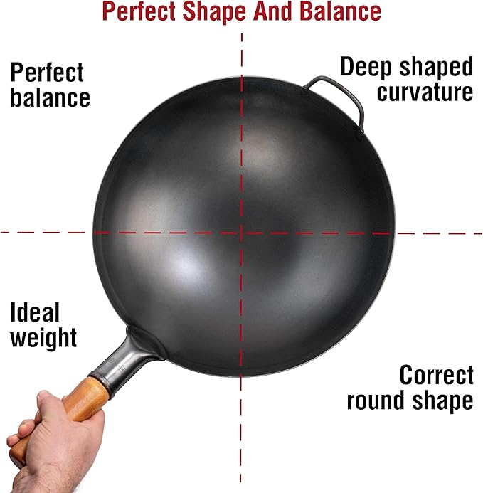 YOSUKATA 14" Carbon Steel Wok with Round Bottom ??Pre-Seasoned Pow Wok for Stir Fry ??Traditional Chinese Japanese Black Steel Pan ??Outdoor Cookware for Gas Stovetops, Open Fire, BBQ, Camping