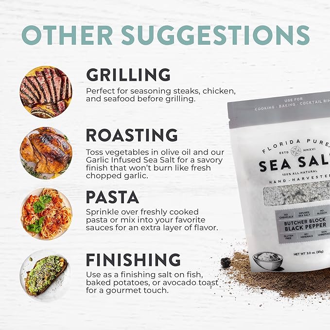 FLORIDA PURE Black Pepper Sea Salt - 80+ Mineral Sea Salt, Natural, Unrefined, Non Iodized - for Baking, Cooking, Seasoning & Enhancing Taste - Rich Taste Flaky Sea Salt (3 oz Pouch)