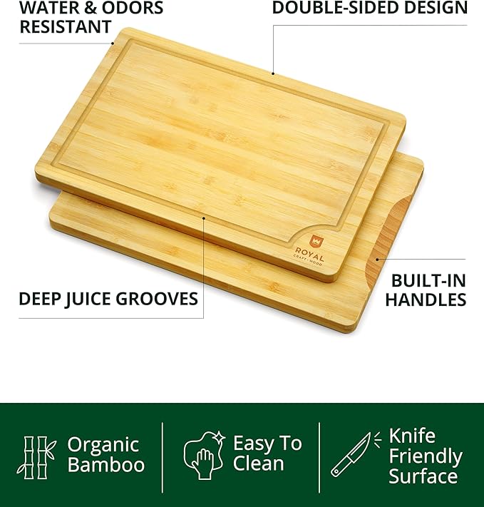 ROYAL CRAFT WOOD Bamboo Cutting Board Gift Set ??3-Piece Reversible Wooden Boards with Deep Juice Groove & Handles ??Premium Charcuterie & Butcher Blocks for Kitchen ??Holiday Gift-Ready Packaging
