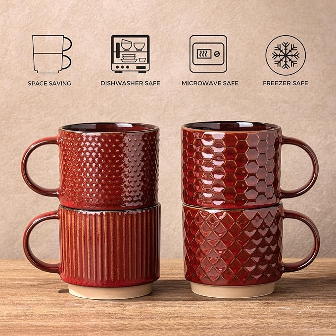 GBhome 12 OZ Stackable Coffee Mugs, Ceramic Coffee Mugs with Texture Patterns for Man,Woman,Dad,Mom, Modern Coffee Mugs Set of 4 for Latte/Cappuccino/Cocoa. Dishwasher&Microwave Safe