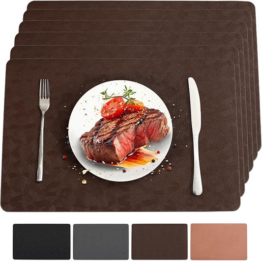 Bxzandya Vinyl Placemats Set of 6 Heat Resistant Easy Clean Non-Slip Place Mats for Dining Table Faux Leather Waterproof Stain Resistant Wipeable Washable PVC Table Mats(6, Brown)
