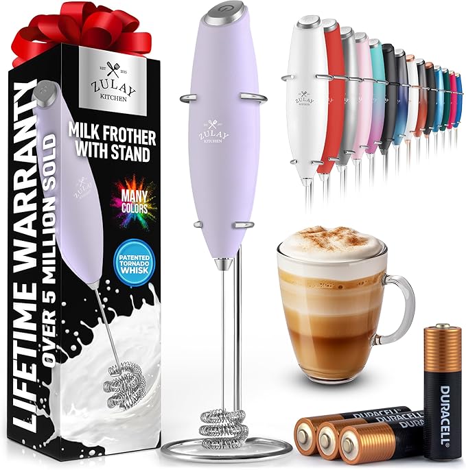Zulay Kitchen Patented Tornado Triple Whisk Milk Frother with 4 Duracell Batteries ??Handheld Foam Maker for Coffee, Lattes, Matcha & Hot Chocolate ??Rich, Creamy Froth in Seconds
