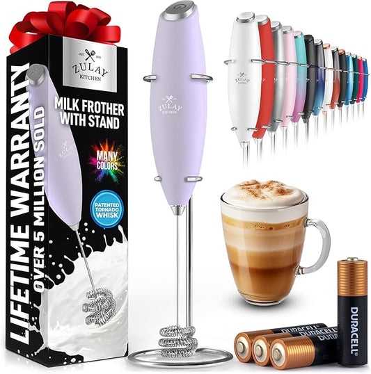 Zulay Kitchen Patented Tornado Triple Whisk Milk Frother with 4 Duracell Batteries ??Handheld Foam Maker for Coffee, Lattes, Matcha & Hot Chocolate ??Rich, Creamy Froth in Seconds
