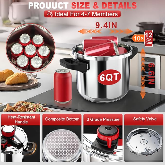 3-In-1 304 Stainless Steel Pressure Cooker 6.3 Quart: [Explosion-Proof] [3 PSI Settings], One-Hand Locking Pressure Canner, Induction Compatible, Glass Lid & Steamer Rack Included, Olla de Presion