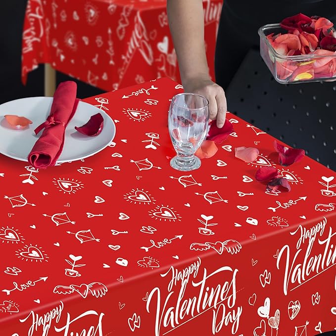 QZYL 2 PCS Valentines Decorations, Disposable 108" X 54" Valentines Tablecloths, Plastic Romantic Red Love Heart Tablecloths, Rectangle Love Table Covers, Galentines Decorations for Memorable Tables