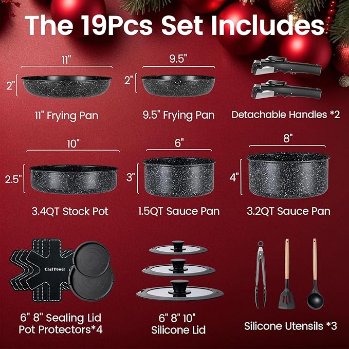 Chef Power Ceramic Nonstick Cookware Set 19 Piece with Detachable Handle, Induction Dishwasher Oven Safe Pans and Pots Set, RV Kitchen Set Removable Handle, Rock Stone Black