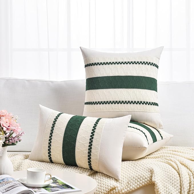 Fancy Homi Set of 2 Dark Green Boho Decorative Throw Pillow Covers 20x20 Inch for Couch Bed Sofa Bedroom Indoors, Modern Farmhouse Vintage Forest Green Living Room Decor