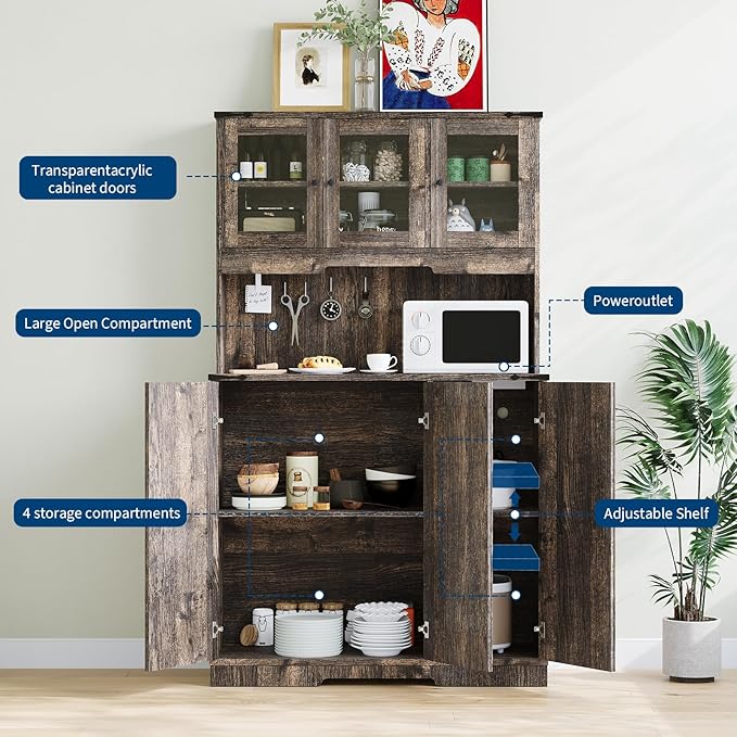 71 in Tall Pantry Cabinet with Charging Station, Farmhouse Kitchen Hutch Display Storage Cabinet with Microwave Stand, Coffee Bar Food Pantry with Glass Doors and Shelves for Living Room, Dining Room