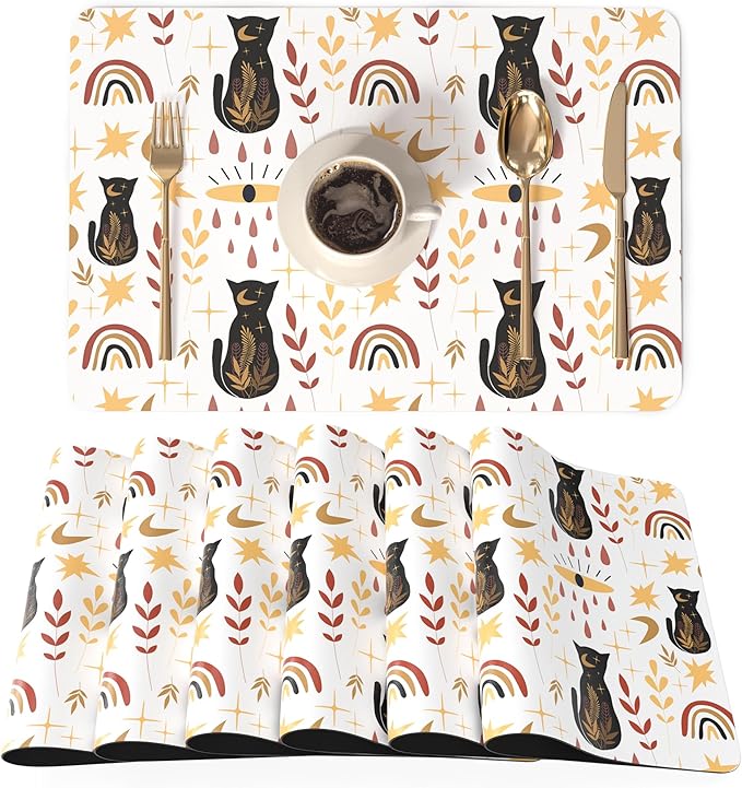 QIYI Placemats Set of 6, 12x18 Inch Faux Leather Place Mats for Kitchen Dinning, Heat Resistant Anti Slip Folk Table Mats, Waterproof Wipeable Washable Placemat Party Table D챕cor, Boho Black Cats