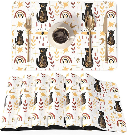 QIYI Placemats Set of 6, 12x18 Inch Faux Leather Place Mats for Kitchen Dinning, Heat Resistant Anti Slip Folk Table Mats, Waterproof Wipeable Washable Placemat Party Table D챕cor, Boho Black Cats