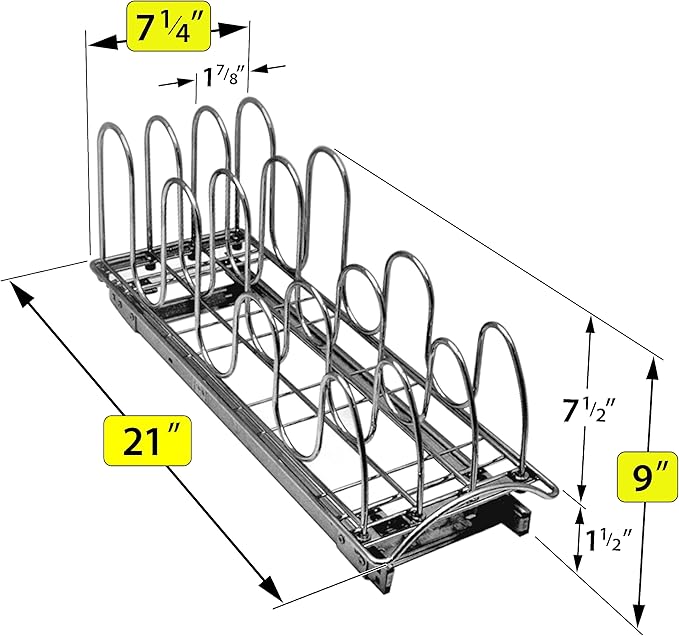 LYNK PROFESSIONAL짰 Pull Out Pot Lid and Cookie Sheet Organizer Rack for Cabinet - Lifetime Ltd. Warranty - Sliding Kitchen Organizers ??Pans, Pots, Lids, and Tray Storage - 7.25 wide x 21 inch, Chrome