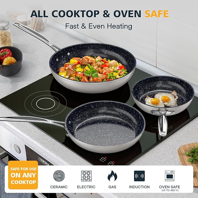 Nuwave 3-Piece 8?? 10?? 12??Forged Lightweight Frying Pan Set, G10 Healthy Duralon Blue Ceramic Ultra Non-Stick, Ergonomic Stay-Cool Handles, Induction-Ready & Works on All Cooktops