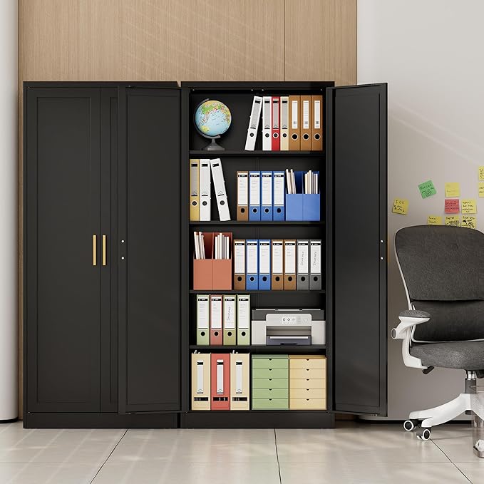 CJF 71" H Metal Kitchen Pantry Storage Cabinet, Freestanding Cupboard with 2 Doors and 4 Adjustable Shelves, Standing Storage for Kitchen, Bathroom, Garage, Dinning Room or Utility Room（Black）
