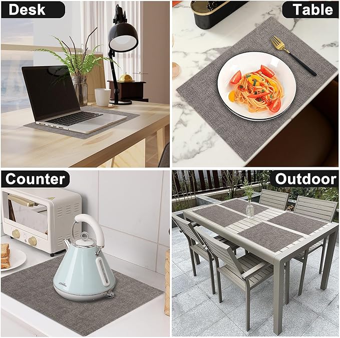 LANDVIEW Leather Heat Resistant Placemats Set of 6 Waterproof Wipeable Washable PU Table Mats,Easy to Clean Anti-Slip Place Mats (Smokey Grey, 6)