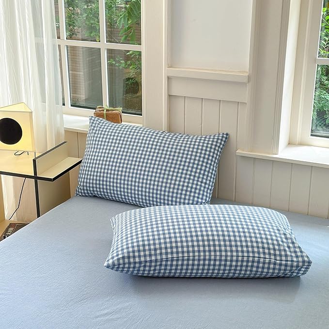 Blue Gingham Comforter Set Queen Modern Plaid Checkered Pattern Comforter 3 Pieces Blue Grid Comforter with 2 Pillowcases Soft Fluffy Gingham Bedding Set Farmhouse Plaid Comforter Set for All Seasons