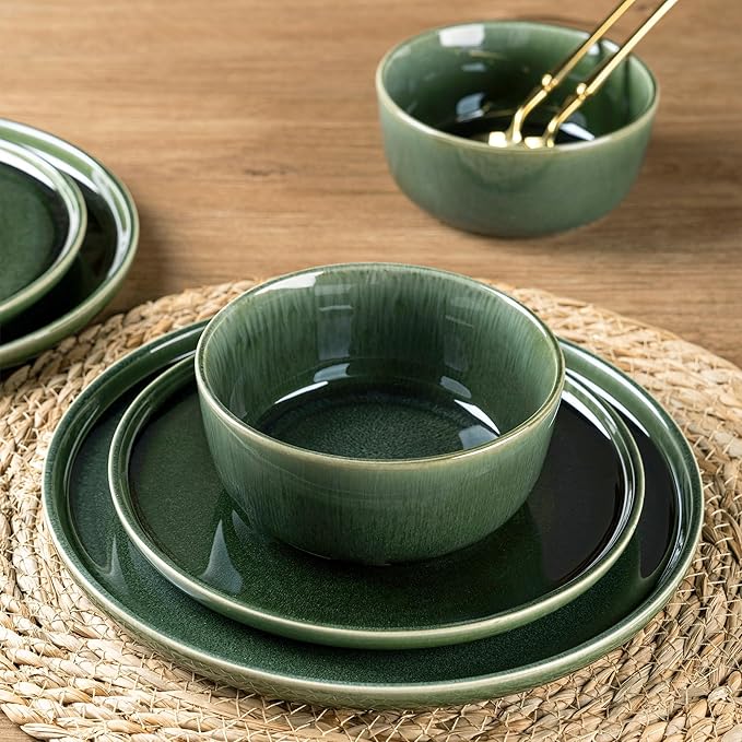 GBHOME Ceramic Dinnerware Sets for 4, 12 Pieces Stoneware Plates and Bowls Sets, Scratch Resistant Dishes, Dishwasher & Microwave Safe, Reactive Glaze-Earth Green