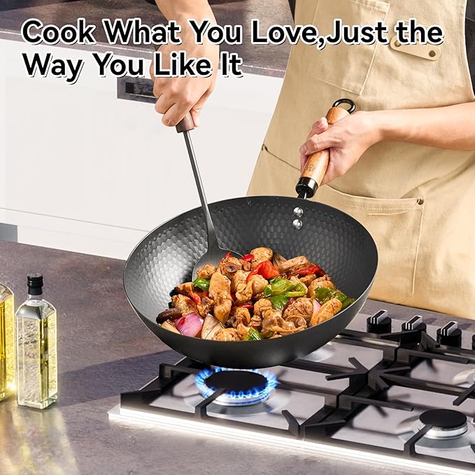 WANGYUANJI 12.6" Iron Wok with Lid, Flat Bottom Nonstick Wok Pan with Detachable Wooden Handle, Chinese Stir Fry Pan for Induction, Gas and Electric Stoves