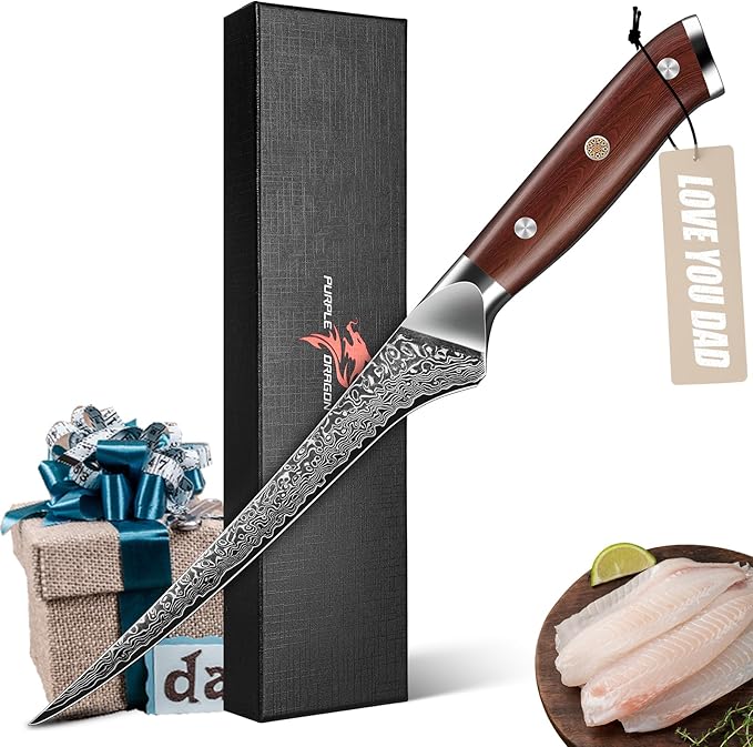 Purple Dragon Fillet Knife 7 Inch, Japanese Boning Meat Cutting Knives Razor-Sharp Meat Trimming Deboning ??Professional Filet Fish Knife with Ergonomic Handle Christmas Gift for Men and Women