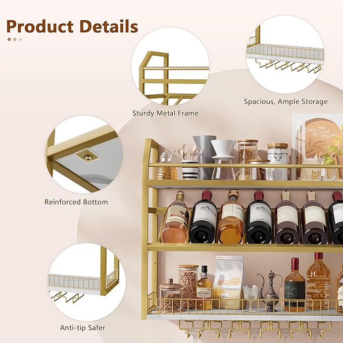 Hoctieon Wall Mount Wine Rack, Wall Mounted Wine Bottle Rack for Display and Storage, Hanging Bottle Holder, for Living Room, Dining Room, Bar, Wine Cellar, Gold&White