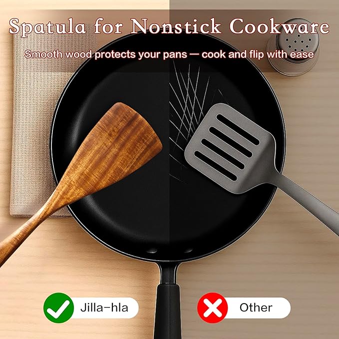 Wooden Spatula Nonstick Turner Acacia Wood, Long Handle Flat Frying Spatulas Handmade for Kitchen Gifts, Ideal Cookware Utensils for Cooking Eggs, Fish, Pancakes