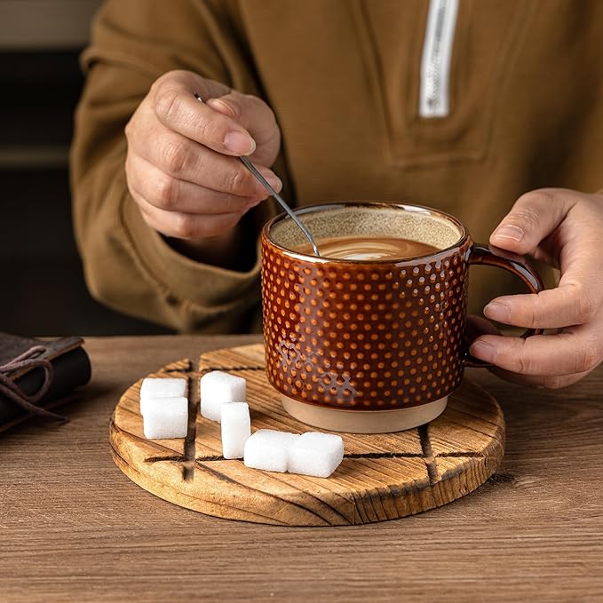 GBhome 12OZ Stackable Coffee Mugs with Stand, Ceramic Coffee Mugs with Texture Patterns for Man,Woman,Dad,Mom, Modern Coffee Cups Set of 4 for Latte/Cappuccino. Dishwasher&Microwave Safe, Caramel