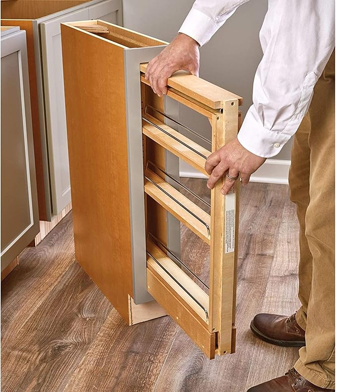 Rev-A-Shelf 3" Pull Out Shelf Organizer for Between Base Kitchen Cabinets, Adjustable Filler Spice Rack Seasoning Storage Holder, Wood, 438-BC-3C
