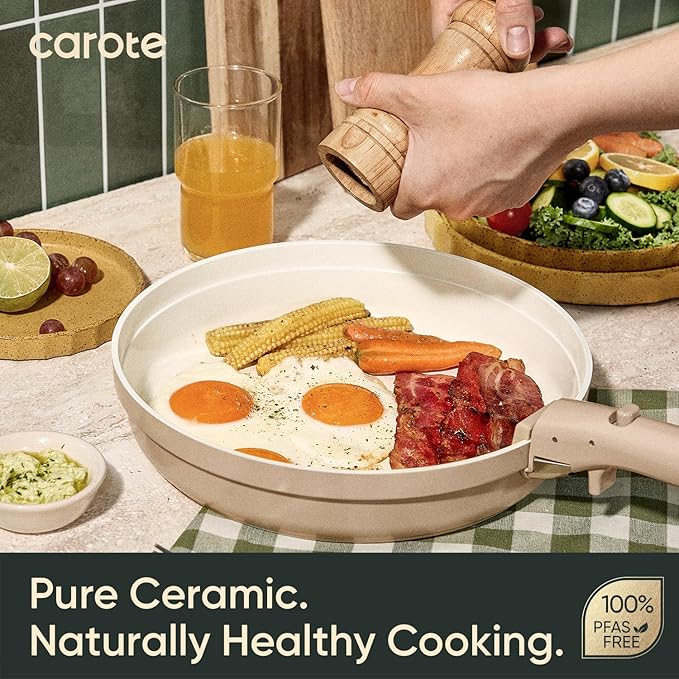 CAROTE 19 Pcs Ceramic Cookware Set Titanium Nonstick with Detachable Handles, Non Toxic Cookware, Pots and Pans Set Non Stick Removable Handles, Induction Available, Kitchen Cooking, Dishwasher Safe