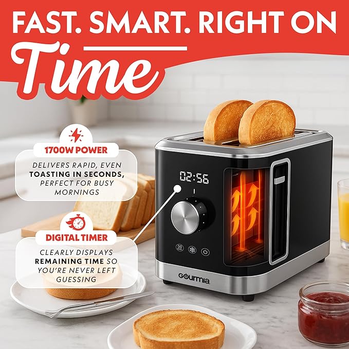 Gourmia 2 Slice Toaster ??6 Browning Levels with Bagel and Defrost Mode, One-Touch Toasting, Removable Crumb Tray, Extra Wide Slots, Compact Design, Black