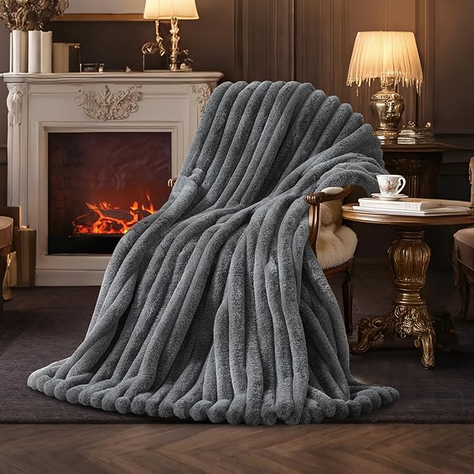 Am챕lie Home Faux Fur Throw Blanket for Couch, Ultra Cozy Fuzzy Fluffy Fur Luxurious Soft Striped Plush Gift Blankets for Family Sofa Chair Bedroom, 55"x70", Cationic Wolf Gray
