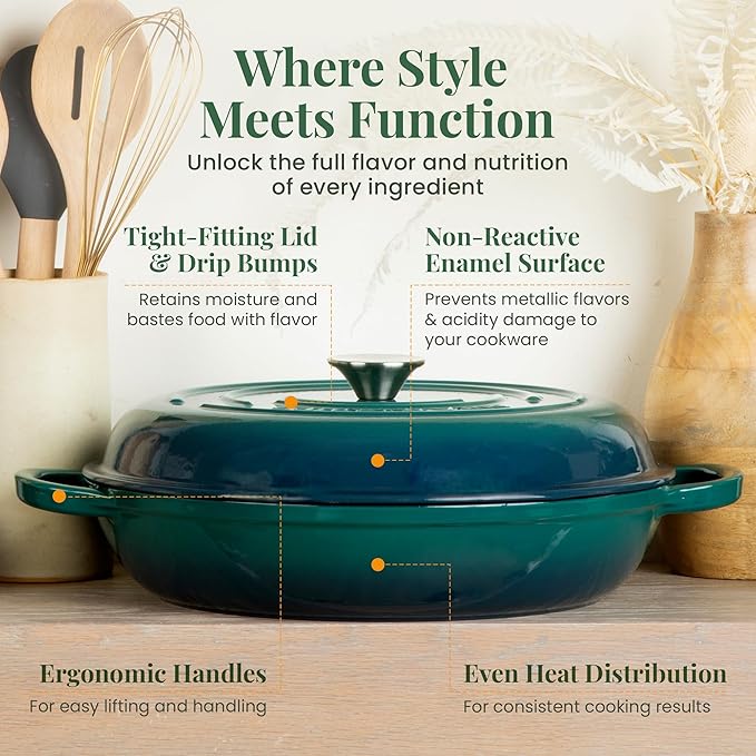 Larder & Vine Enameled Cast Iron Braiser | 3.6 qt Braiser Pan with Lid | Shallow Dutch Oven Compatible on All Cooktops | Casserole Dish Oven Safe to 500째 F | Dual Handles | Bondi