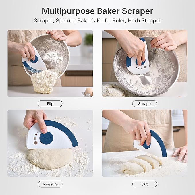 Nextrend BakerScraper ??5-in-1 Flexible Bowl Scraper, Bench Scraper and Dough Scraper with Stainless Steel Edge, Ruler & Herb Stripper ??BPA Free, Dishwasher Safe - Blue
