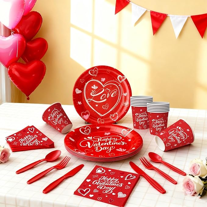 168 Pcs Valentine's Day Tableware Set - Serves 24, Heart & Love-Themed Disposable Paper Plates, Cups, Napkins, Forks, Spoons, Knives for Valentines Day Party, Wedding ,Bridal Shower,Holiday Gatherings