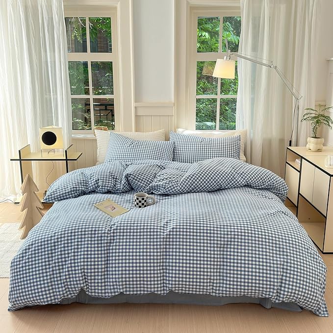 Blue Gingham Comforter Set Queen Modern Plaid Checkered Pattern Comforter 3 Pieces Blue Grid Comforter with 2 Pillowcases Soft Fluffy Gingham Bedding Set Farmhouse Plaid Comforter Set for All Seasons