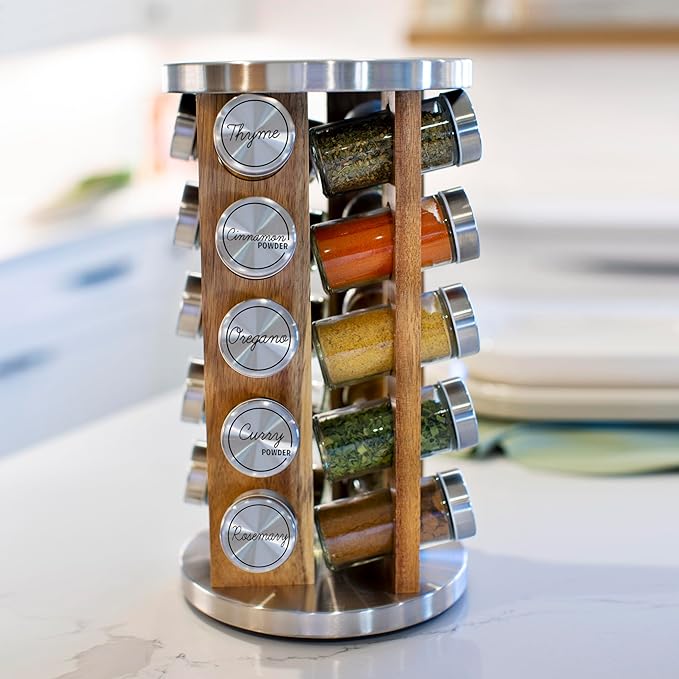 Orii 20 Jar Spice Rack with Spices Included - Tower Organizer for Kitchen Spices and Seasonings, (Natural Acacia Wood)