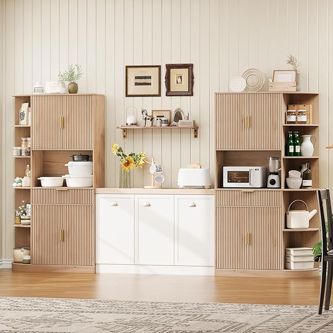 Vabches Kitchen Pantry Cabinet with 5 Side-Opening Storage cabinets, Pull Out Drawers, 2 Fluted Doors and Adjustable Shelves, Wood Hutch Cabinet with Storage for Kitchen, Dining Room and Living Room