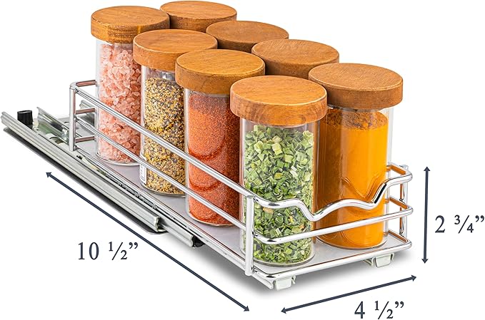 Pull Out Cabinet Organizer for Spices, Cans - Heavy Duty with Lifetime Limited Warranty- Pull Out Spice Rack- Cabinet Pull Out Shelf for Cans,Dishes, Etc, 4-1/2"W x 10-1/2"D x 2-3/4?쒱, Chrome