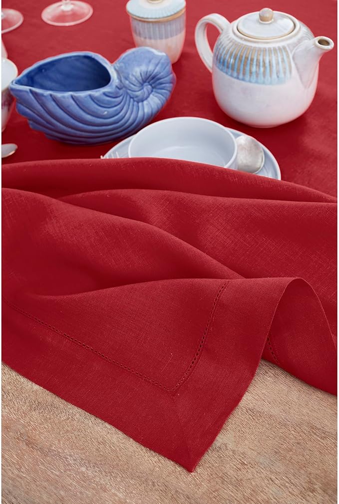 Solino Home Linen Tablecloth for Rectangle Tables 60 x 156 Inch - Classic Hemstitch 100% Pure Linen Red Table Cloth - Machine Washable Cloth Tablecloth for Valentines