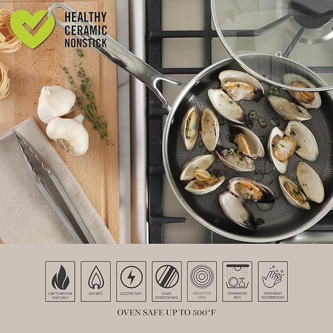 Martha Stewart Badgley Hybrid Nonstick 10 Piece TriPly Stainless Steel Pots and Pans Non-Toxic Kitchen Cookware Set - Laser Etched Perfect Sear Nonstick W/Stay Cool Handle Dishwasher & Induction Safe