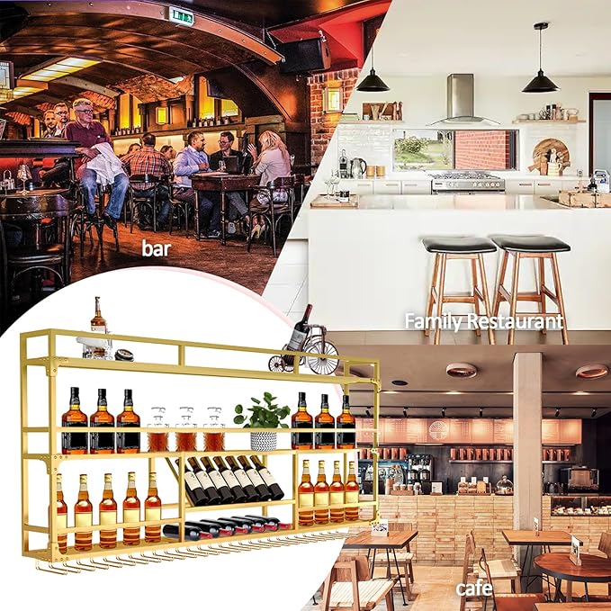 Wall Mounted Wine Rack, Floating Industrial Liquor Glass Holder 3 Tiers, Large Metal Wine Bottle Display Rack Hanging Shelf, for Home Bar Dining Room Decorative (Gold-B, 59.05x35.43x9.84in)