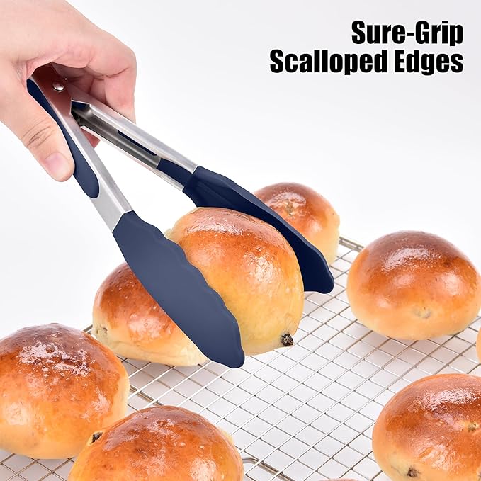 Doosu Kitchen Tongs for Cooking - 600째F Heat Resistant Food Tong with Non-Scratch Silicone Tips, Heavy Duty Stainless Steel Locking Tong for BBQ, Grilling Steak, Serving Salad Pasta (7in, Navy Blue)