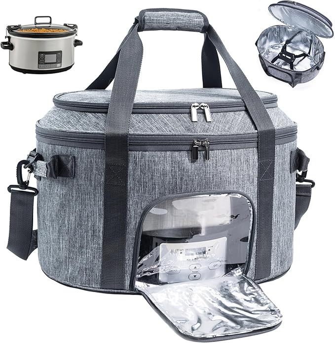Double-Layer Slow Cooker Carrying Bag for 6-8 Quart CrockPot and Hamlton Beach Slowcooker, Travel Bag with Lid Fastener for Crock-pot, Portable Carrier with See-throught Window(BAG ONLY)