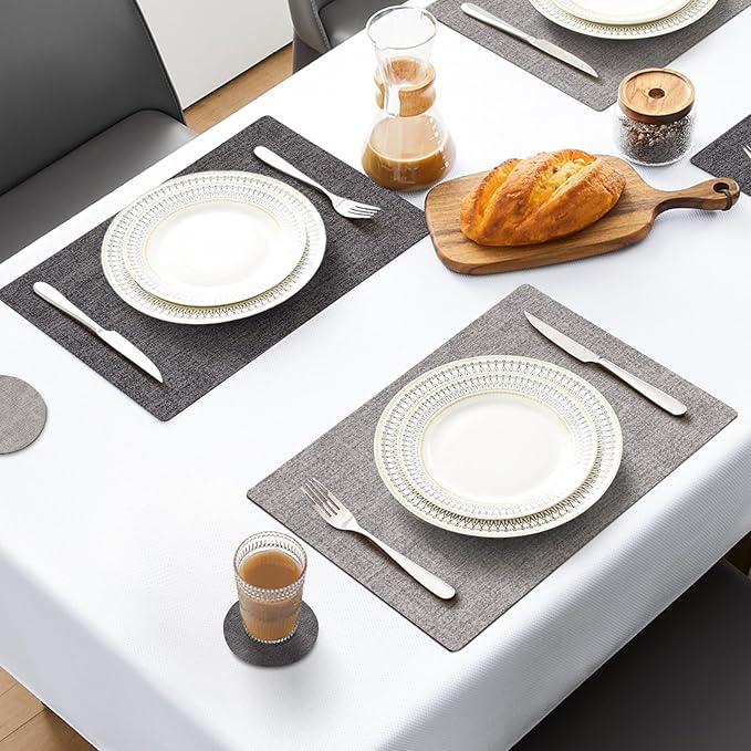 MOSAYT Placemats Set of 4, Heat Resistant Vinyl Place Mats with Coasters, Waterproof Wipeable Washable Faux Leather Table Mats for Kitchen Dining Party Indoor Outdoor, 12" x 17", Dark Light Grey