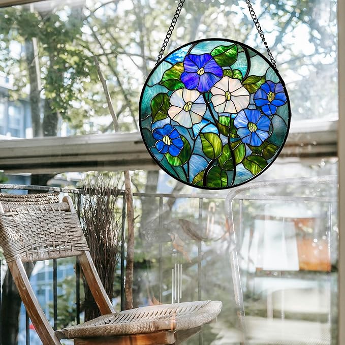 Stained Glass Window Hanging - Blue White Morning Glory Birth Flower Suncatcher for Door Garden Yard Sun Catchers Decor Christmas Mother's Day Birthday Gifts for Women Mom Nana Friend 9.8 in