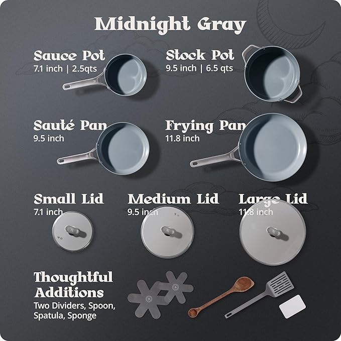 Premium Non-Toxic Ceramic Cookware Set ??Triple-Layer Nonstick 12 Piece Pots and Pans with Lids, PFAS-Free, Oven Safe for Healthy Meals, Space-Saving Design, Midnight Gray Color | Greater Goods