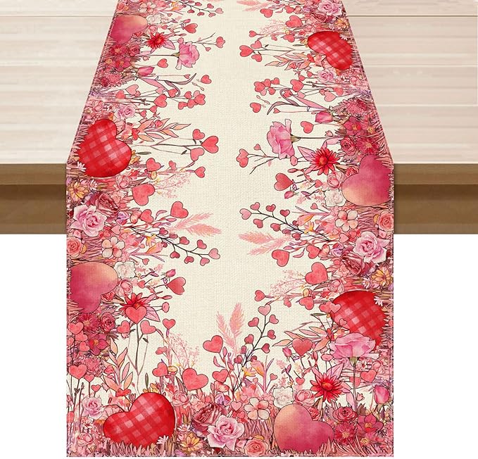 XCHI Wild Flowers Love Hearts Valentine?셲 Day Table Runner Table Decoration for Party Home Kitchen Dining Holiday Decor 13x120 Inch
